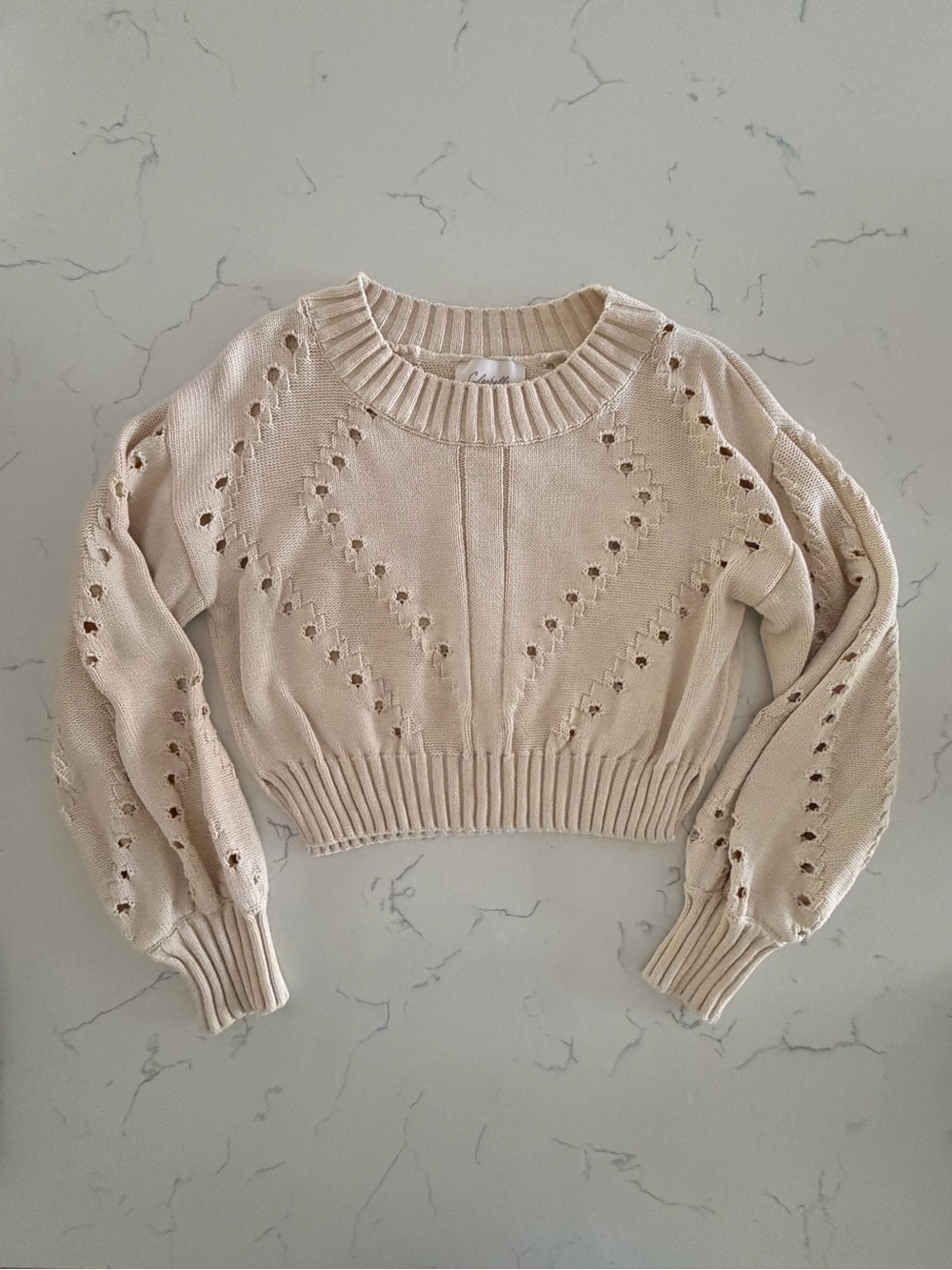 Cleobella Organic Cotton Cropped Eyelet Sweater XS Ivory Balloon Sleeve Boho